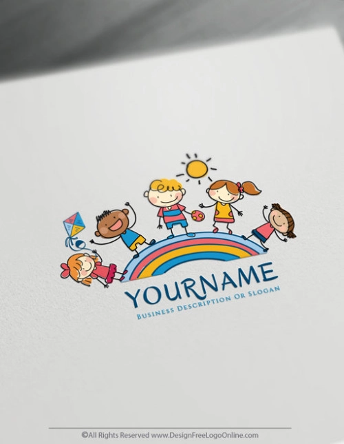 Group Of Kids around the rainbow Logo Template